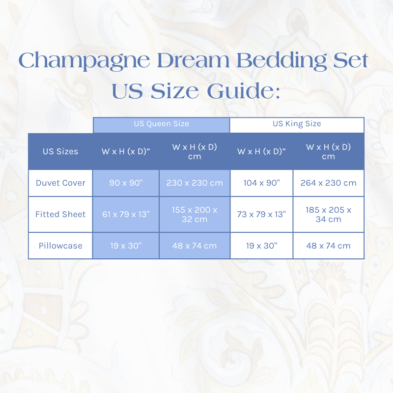 Size Guide for the Champagne Dream Bedding Set