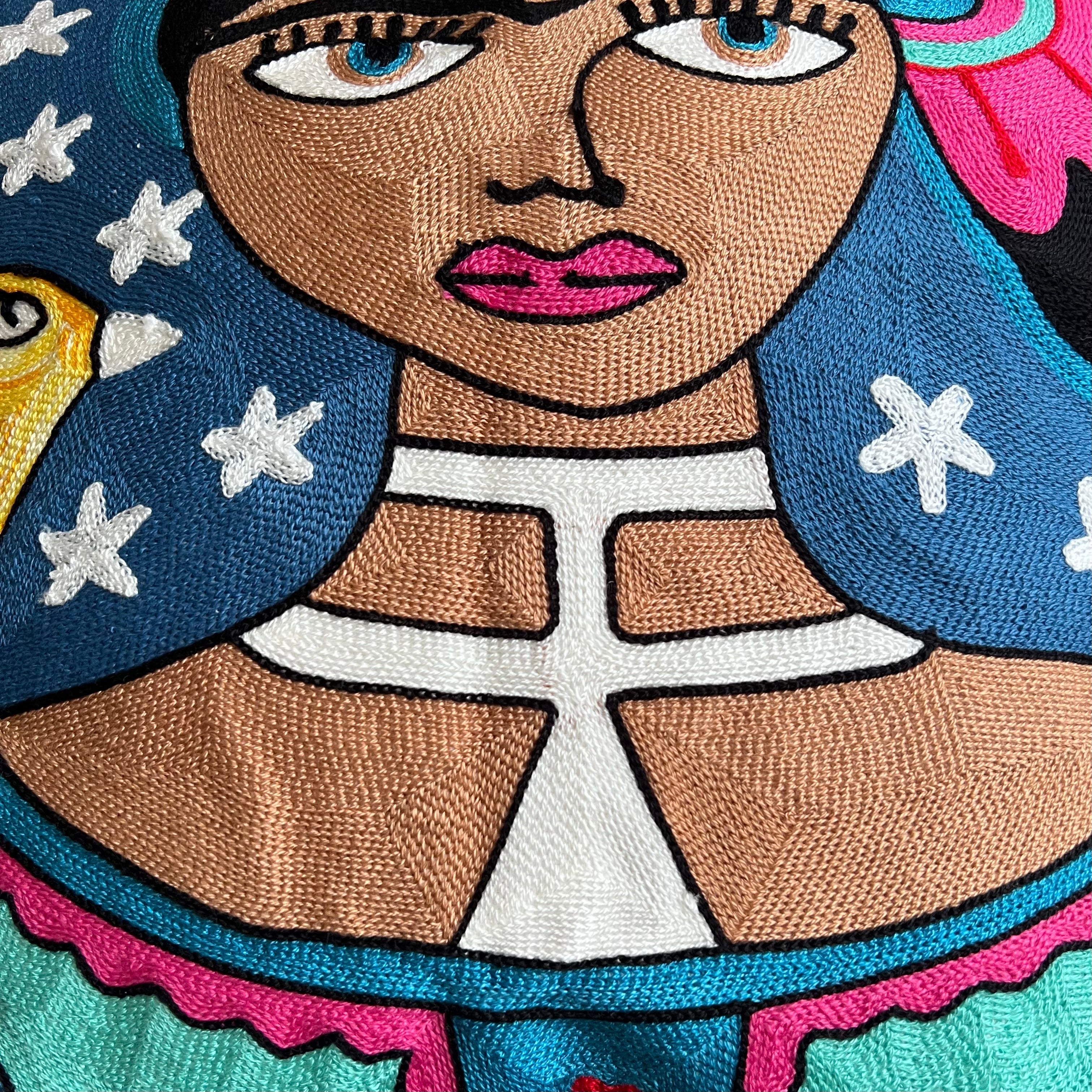 Starry Night Frida Embroidered Pillow Close View 2