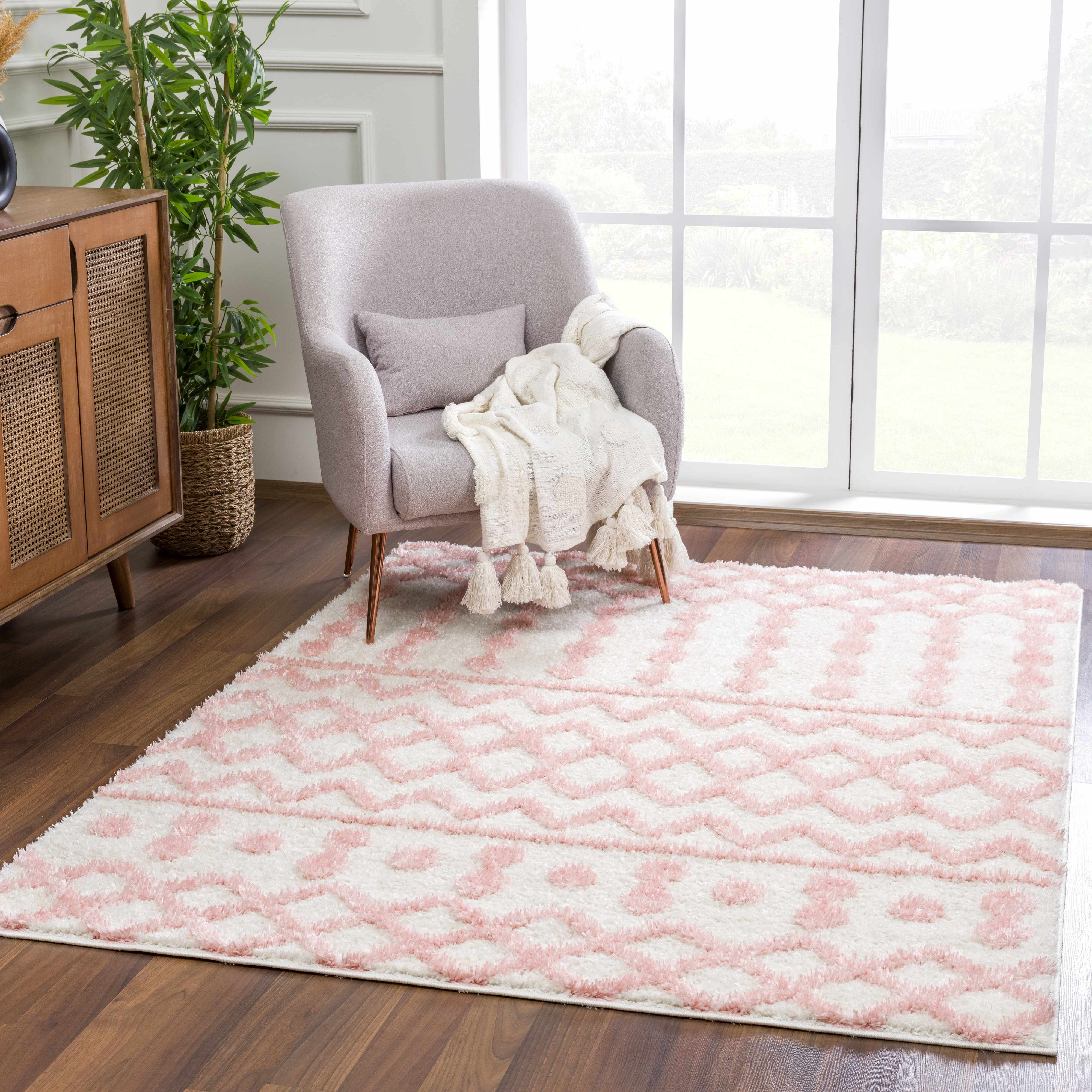 Pink Boho Area Rug Plush Pink Boho Area Rug with Cream & Diamond Detail | Castle Home