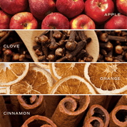 Collage of apples, cloves, orange slices, and cinnamon sticks with labels.