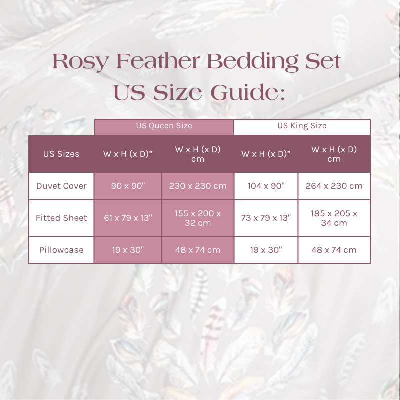 Size Guide for the Rosy Feather Bedding Set