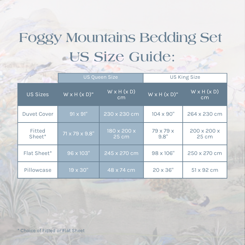 US Size Guide for the Foggy Mountains Bedding Set