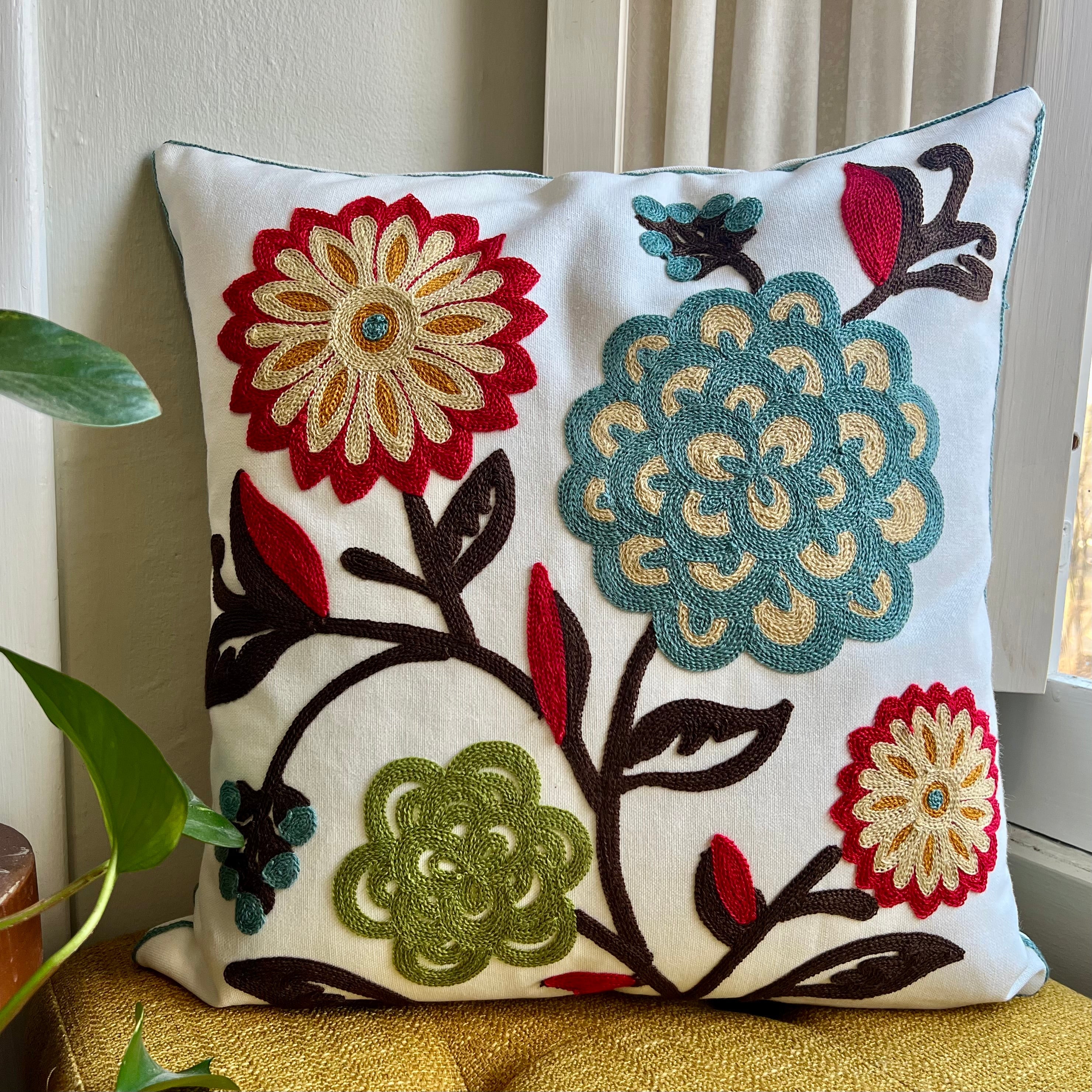 Folk Garden Embroidered Throw Pillow Cover