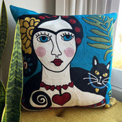 Frida & Cat Embroidered Throw Pillow