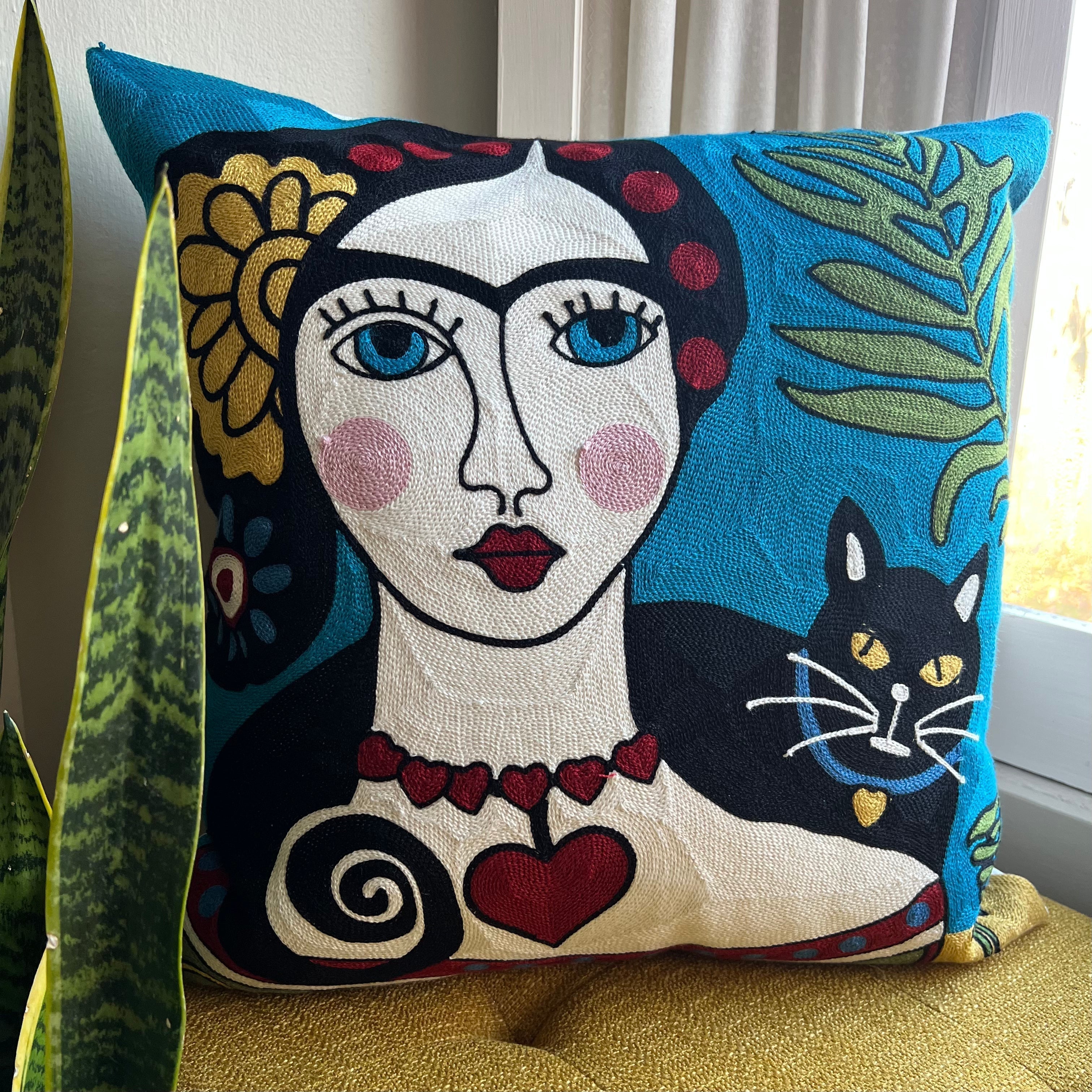 Frida & Cat Embroidered Throw Pillow