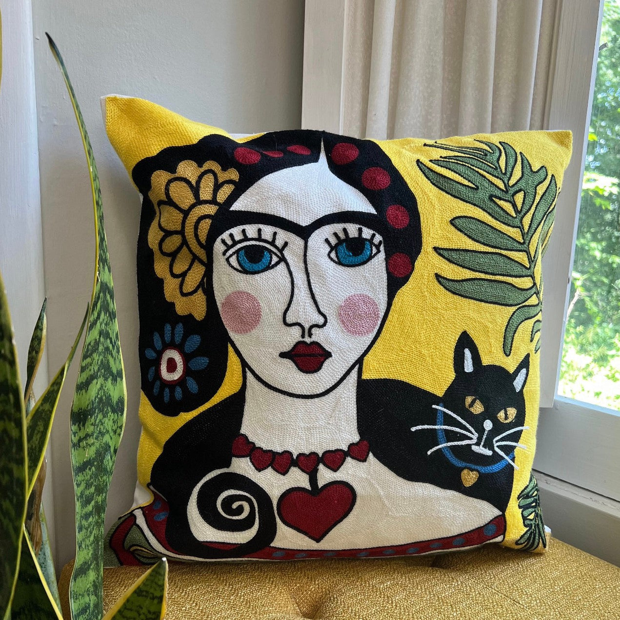 Frida Cat Yellow Embroidered Throw Pillow
