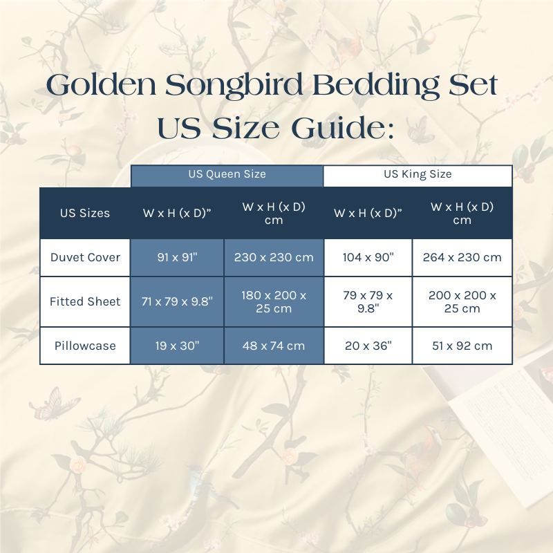 Golden Songbird Bedding Set Size Guide