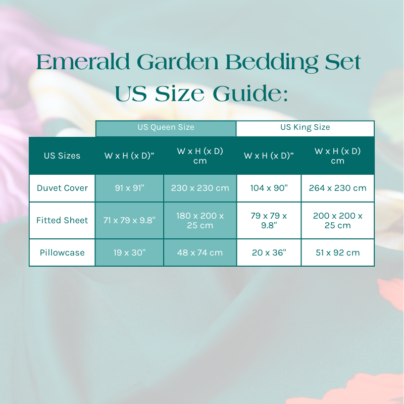 Size Guide for the Emerald Garden Bedding Set