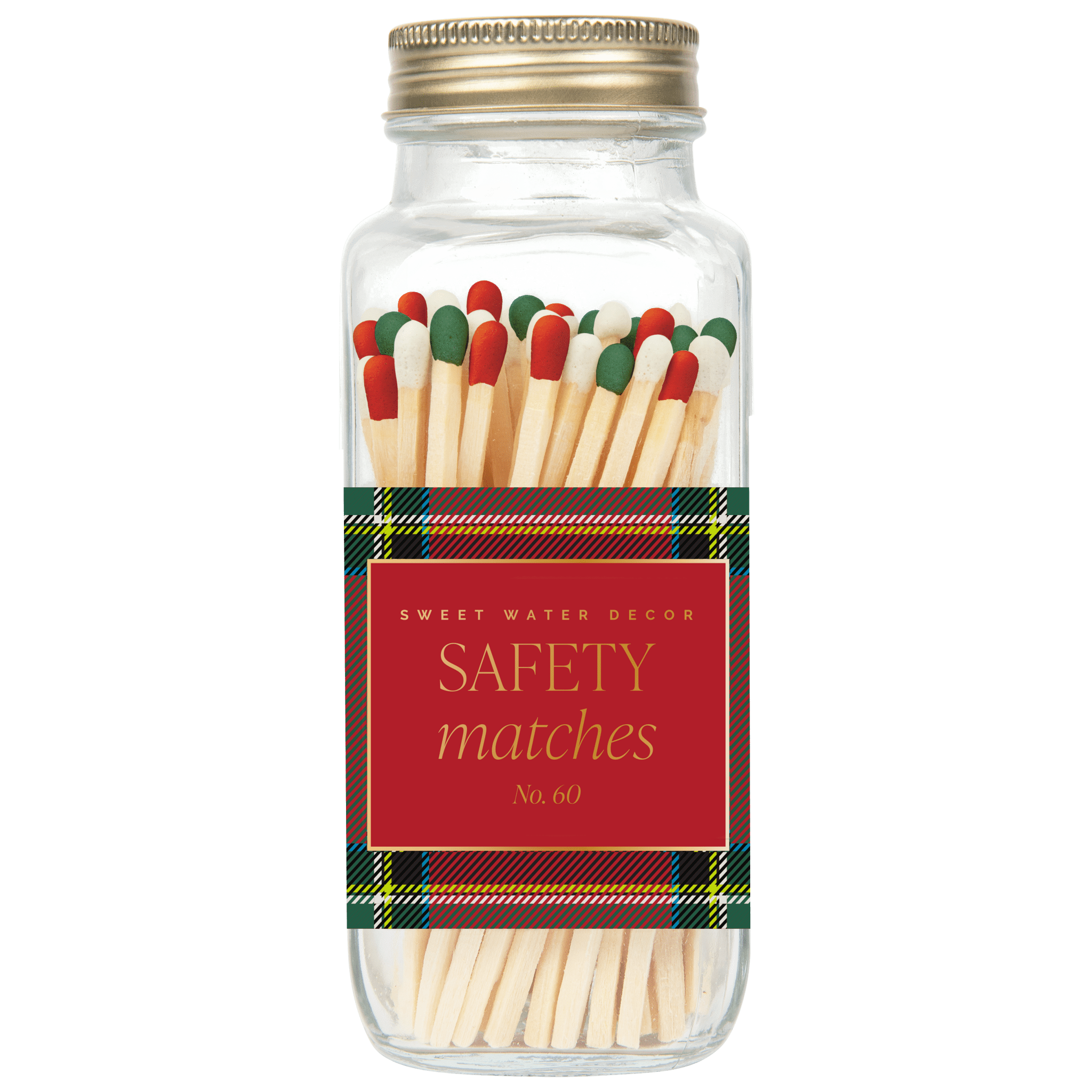 A clear glass jar filled with safety matches, featuring a gold metal lid and a red holiday-themed label that reads 'SAFETY matches No. 60' with green and yellow plaid borders.