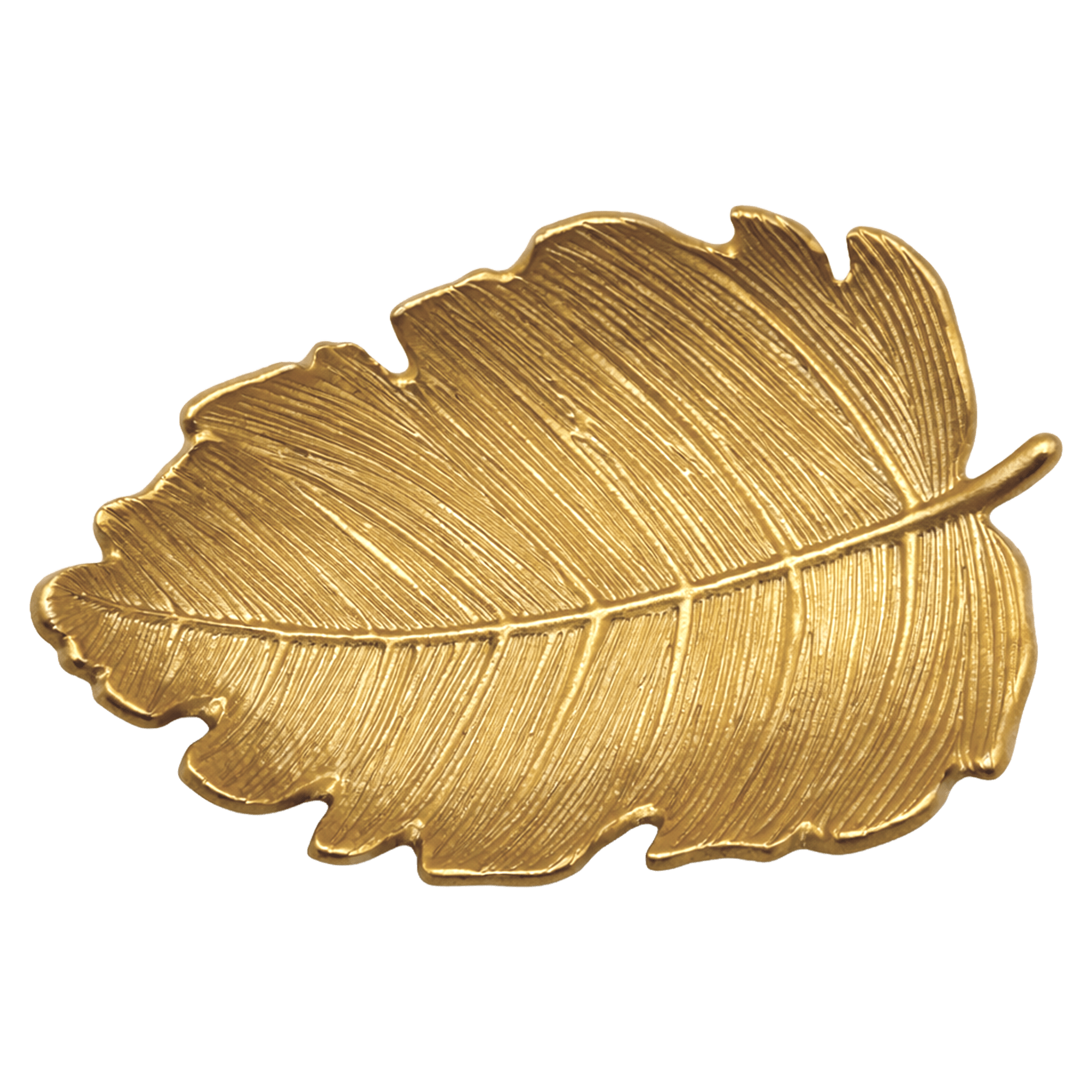 A gold-toned leaf-shaped decorative tray or dish with detailed vein textures, shown on a solid dark green background.