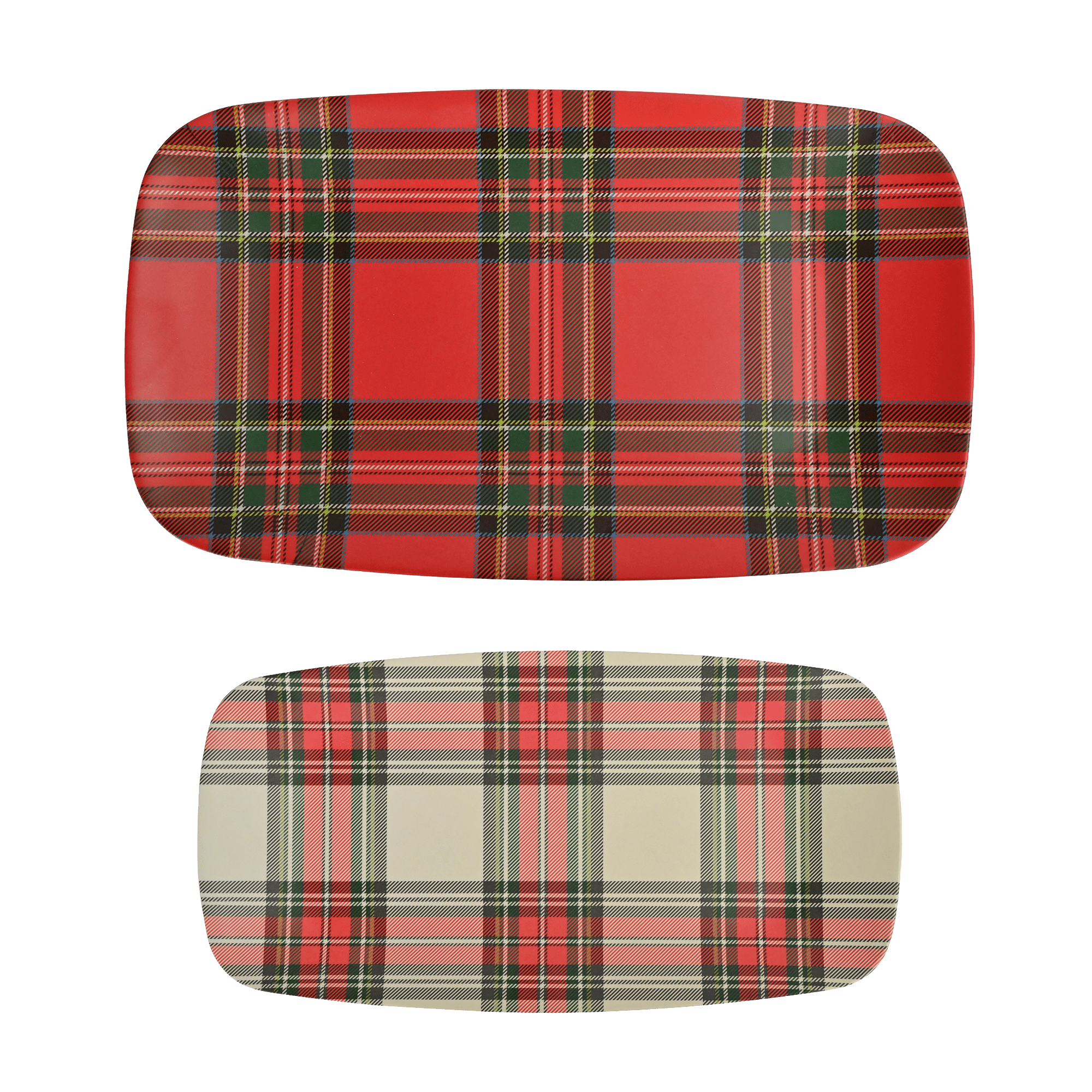 Two rectangular platters with rounded corners shown on a solid green background. The top platter has a red tartan plaid pattern with black, green, and gold stripes.