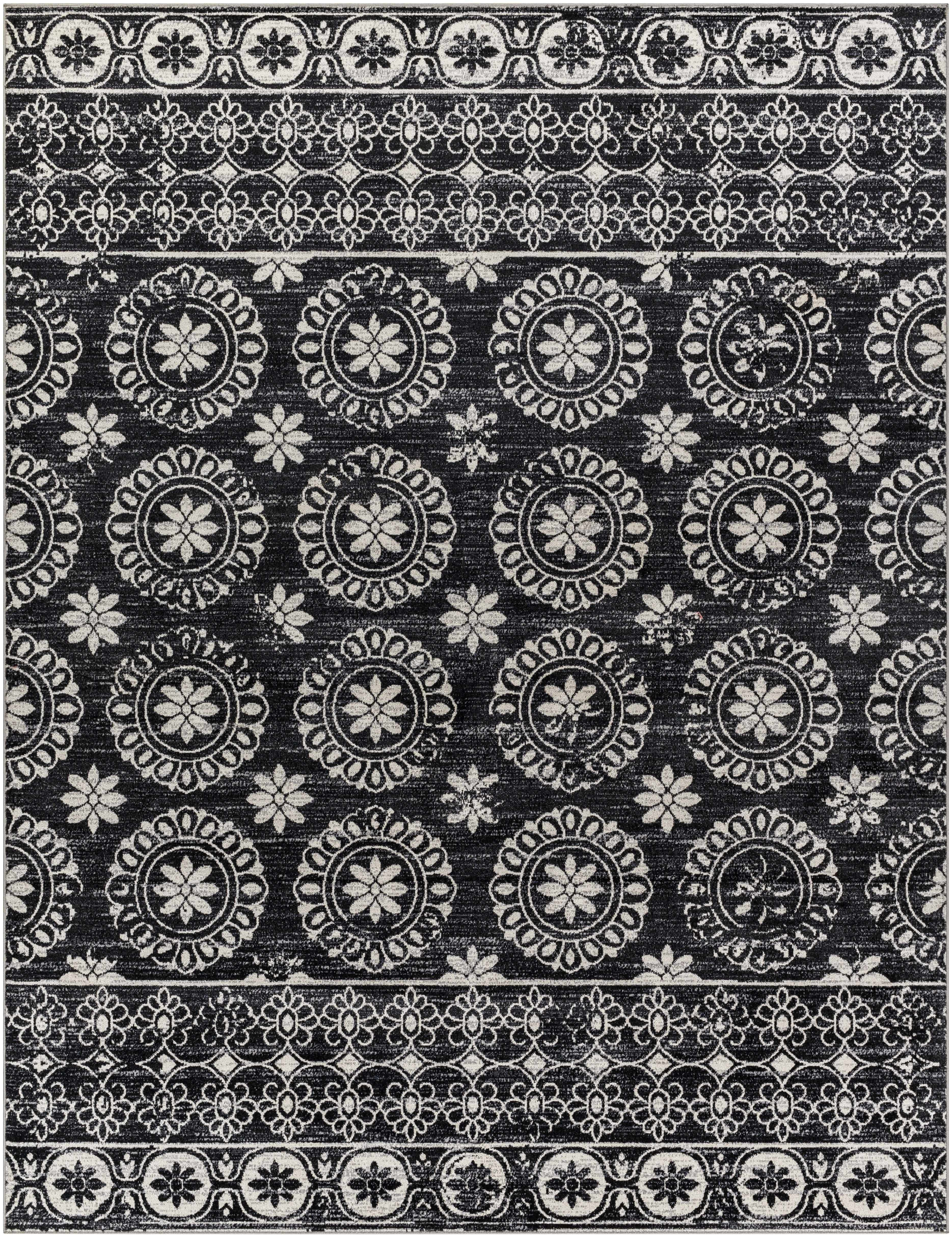 Kahraman Black & White Floral Washable Area Rug