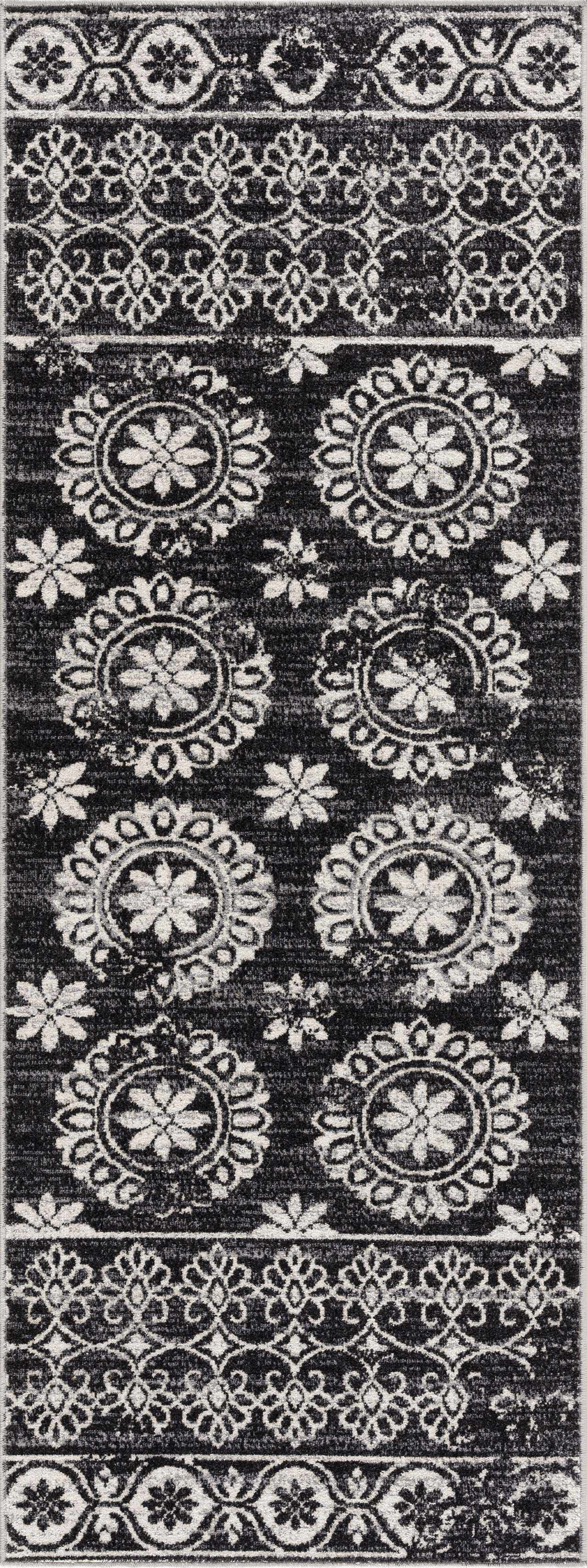 Kahraman Black & White Floral Washable Area Rug