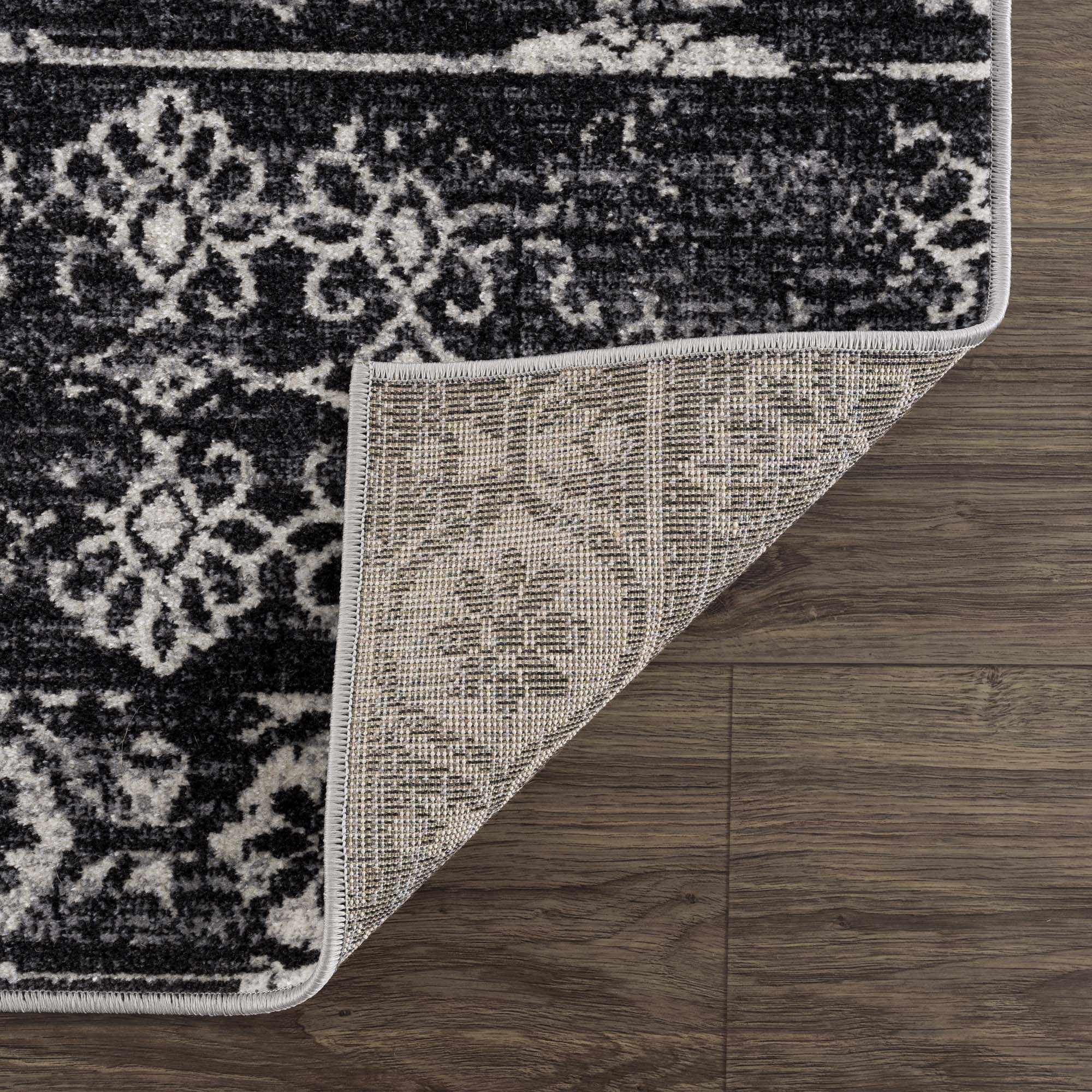 Kahraman Black & White Floral Washable Area Rug