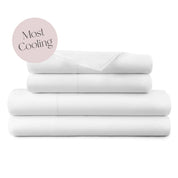 Stack of white bedding with a pink circle labeled 'Most Cooling' on a white background