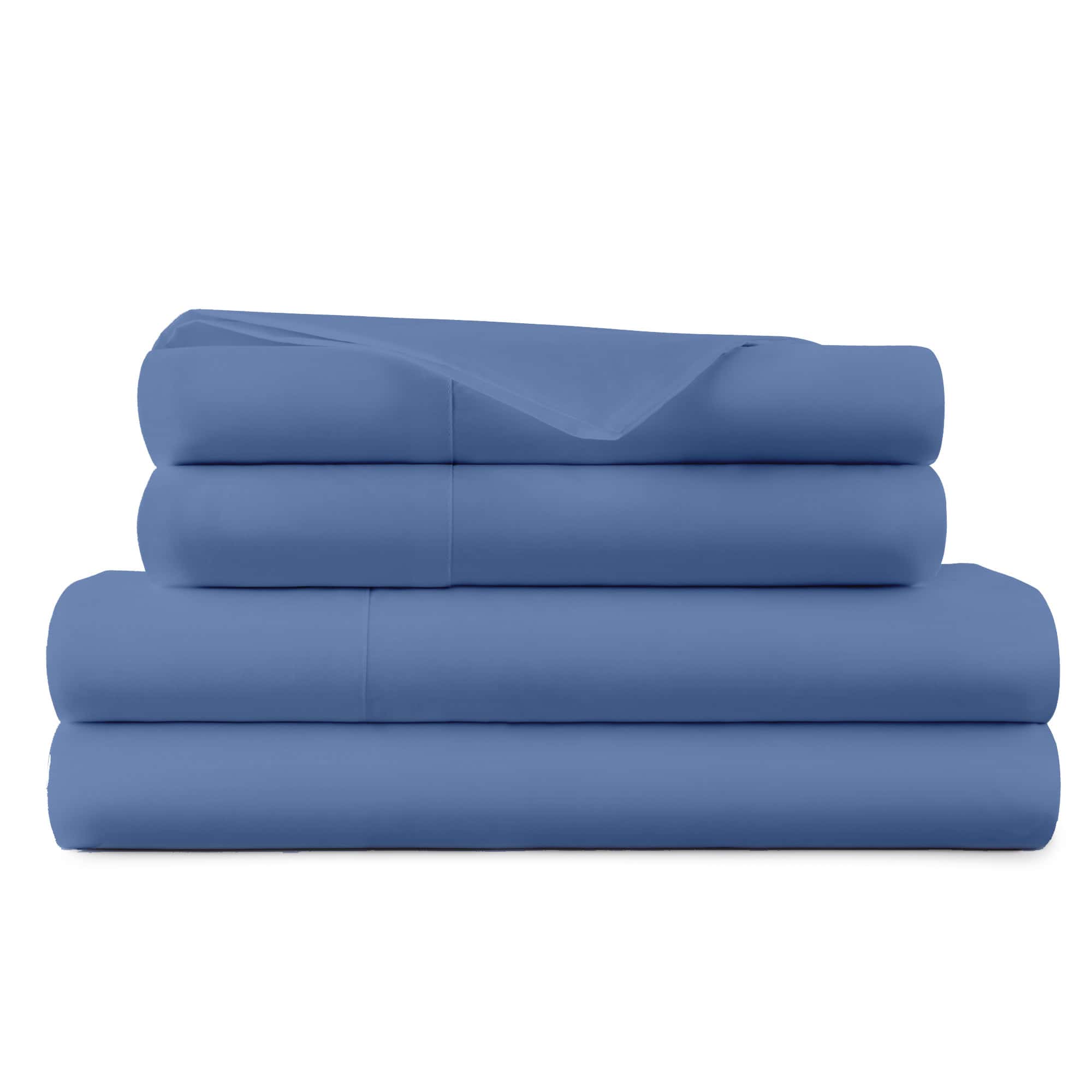 A stack of four folded blue bedding sheets, including a flat sheet, fitted sheet, pillowcases, and a pillowcase, on a solid white background.