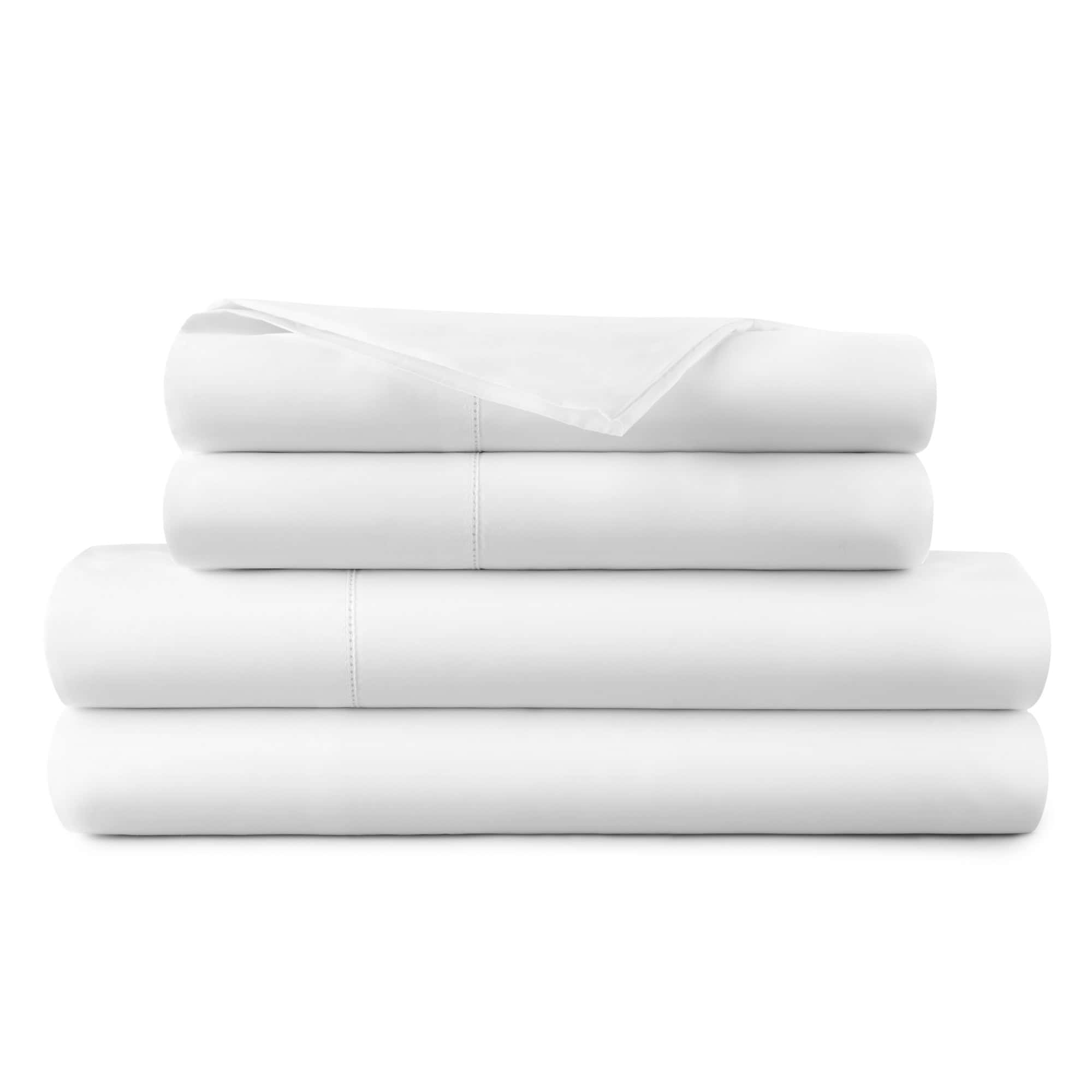 Stack of white folded bed sheets on a white background
