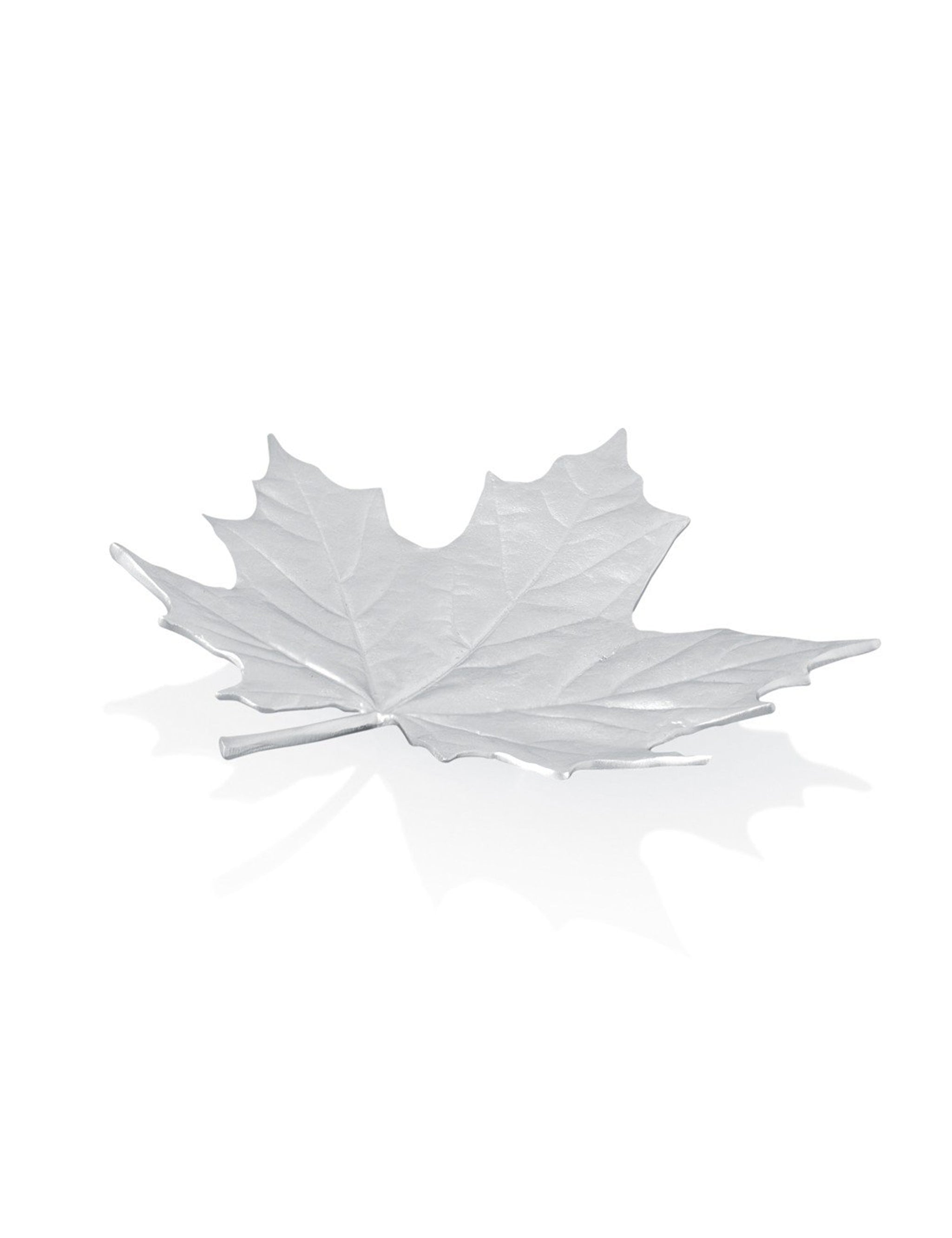 Silver leaf-shaped dish on a white background