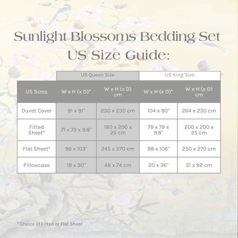 US Size Guide for the Sunlight Blossoms Bedding Set