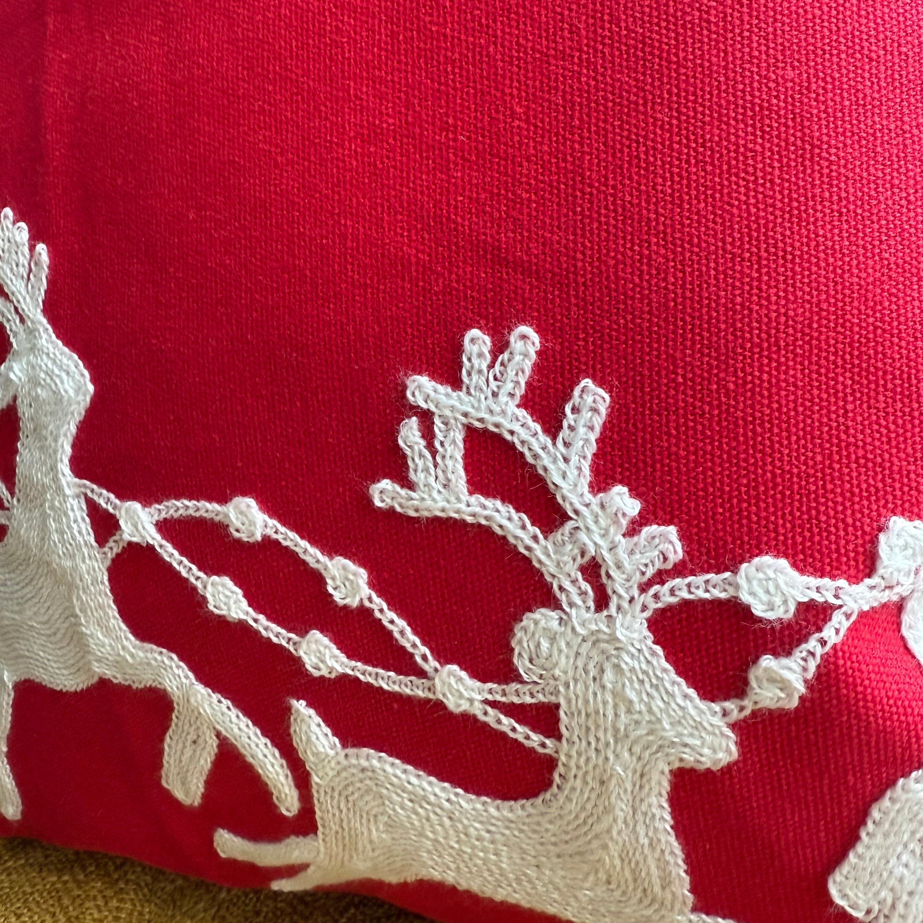 Santa and Reindeer Embroidered Pillow Cover