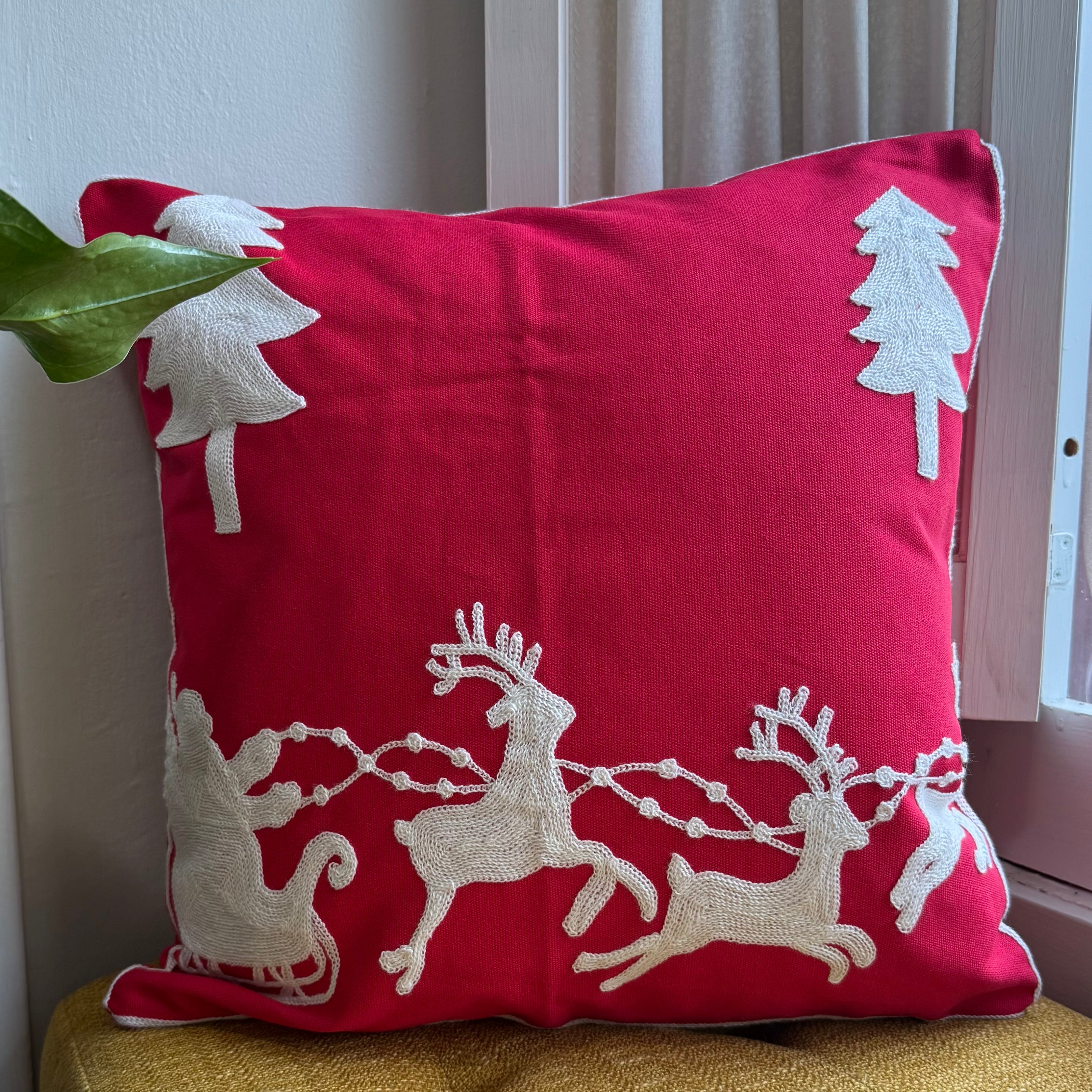 Santa and Reindeer Embroidered Pillow Cover