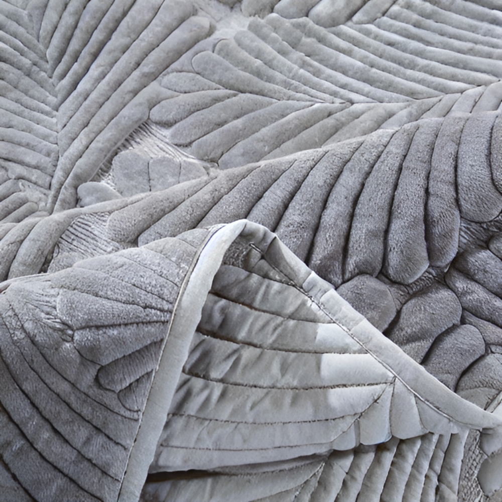 Slate Boho Leaf Quilted Fleece Bedspread Set fabric