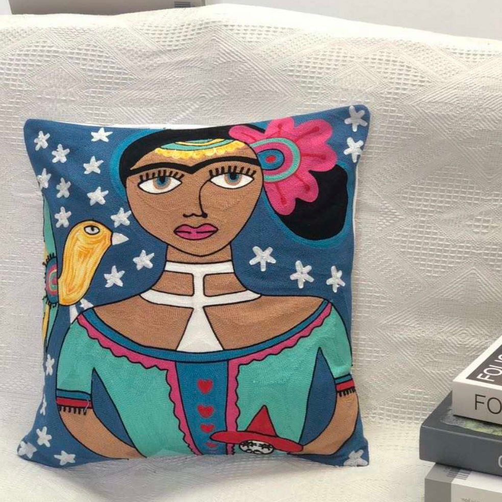 Starry Night Frida Embroidered Pillow on Couch