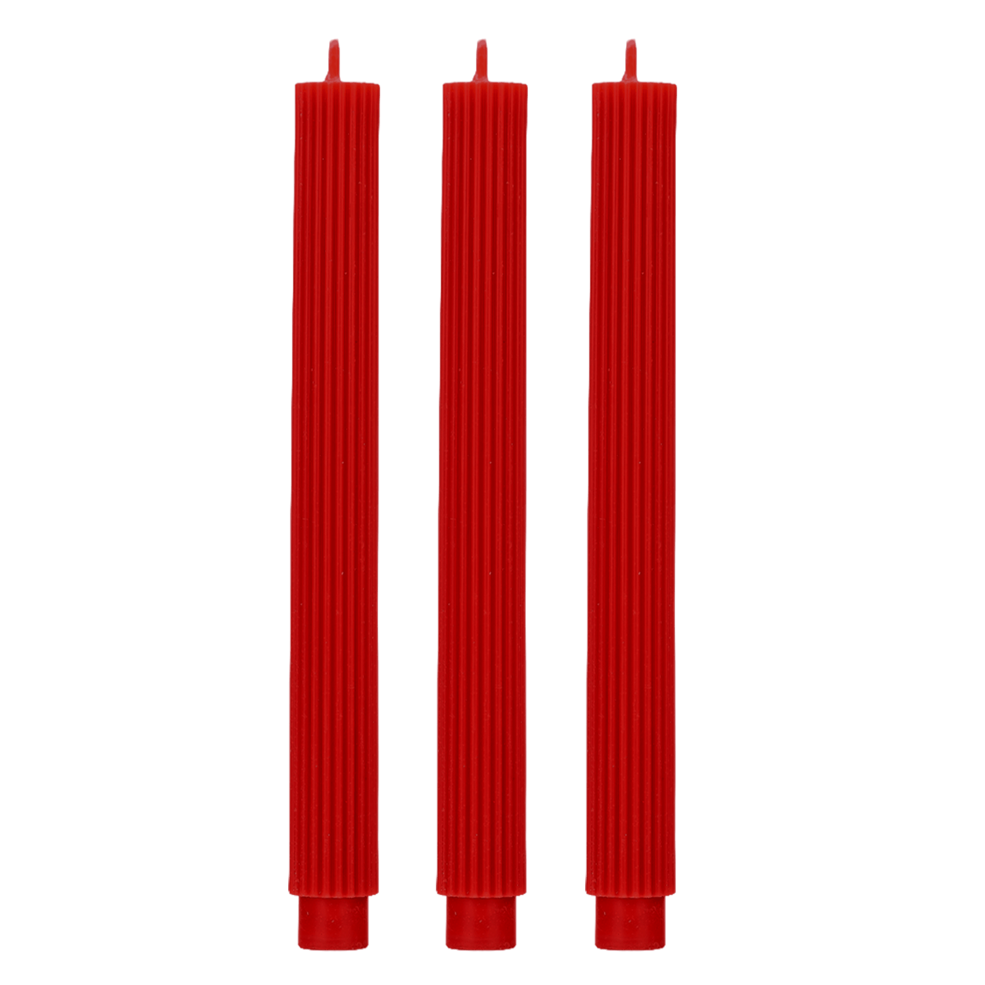 Three tall, red, ribbed taper candles standing vertically side-by-side against a solid dark green background.