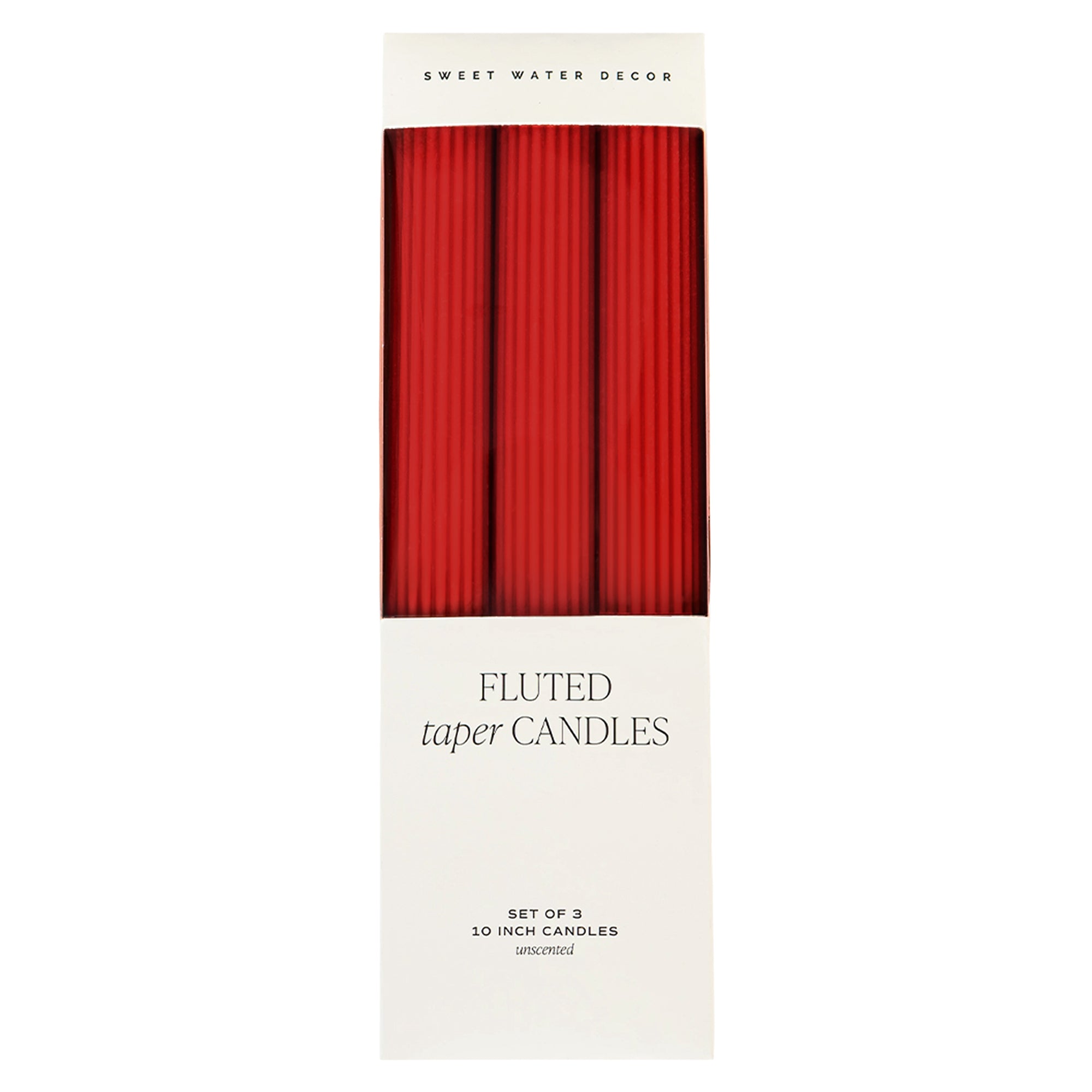A boxed set of three red fluted taper candles from Sweet Water Decor, shown in its white retail packaging against a plain white background.