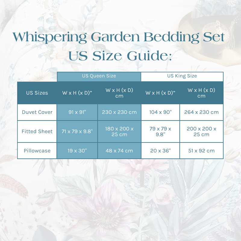 Size Guide for the Whispering Garden Bedding Set