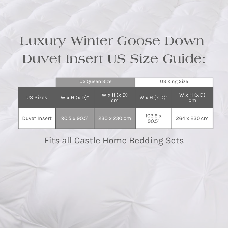 US Size Guide for Luxury Winter Goose Down Duvet Insert