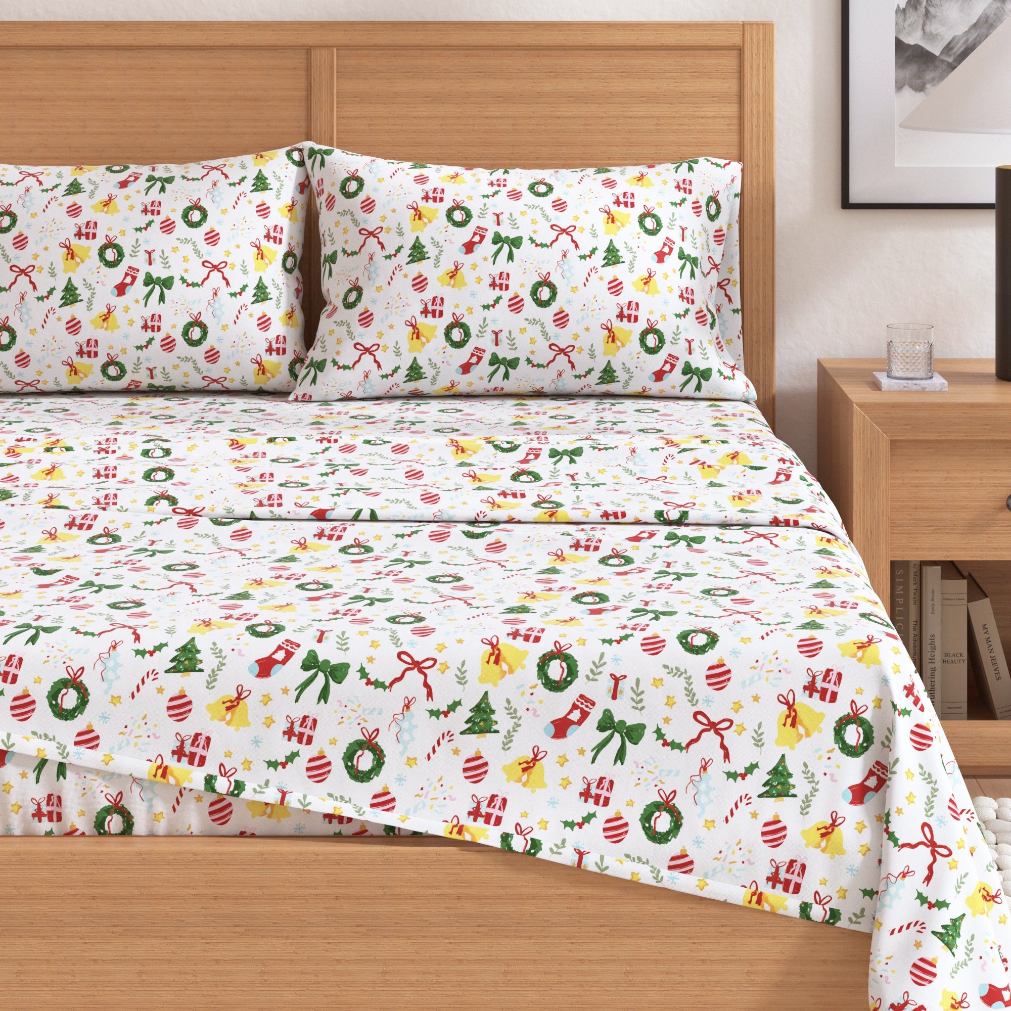 Christmas-themed bedspread with festive patterns on a bed in a bedroom setting.