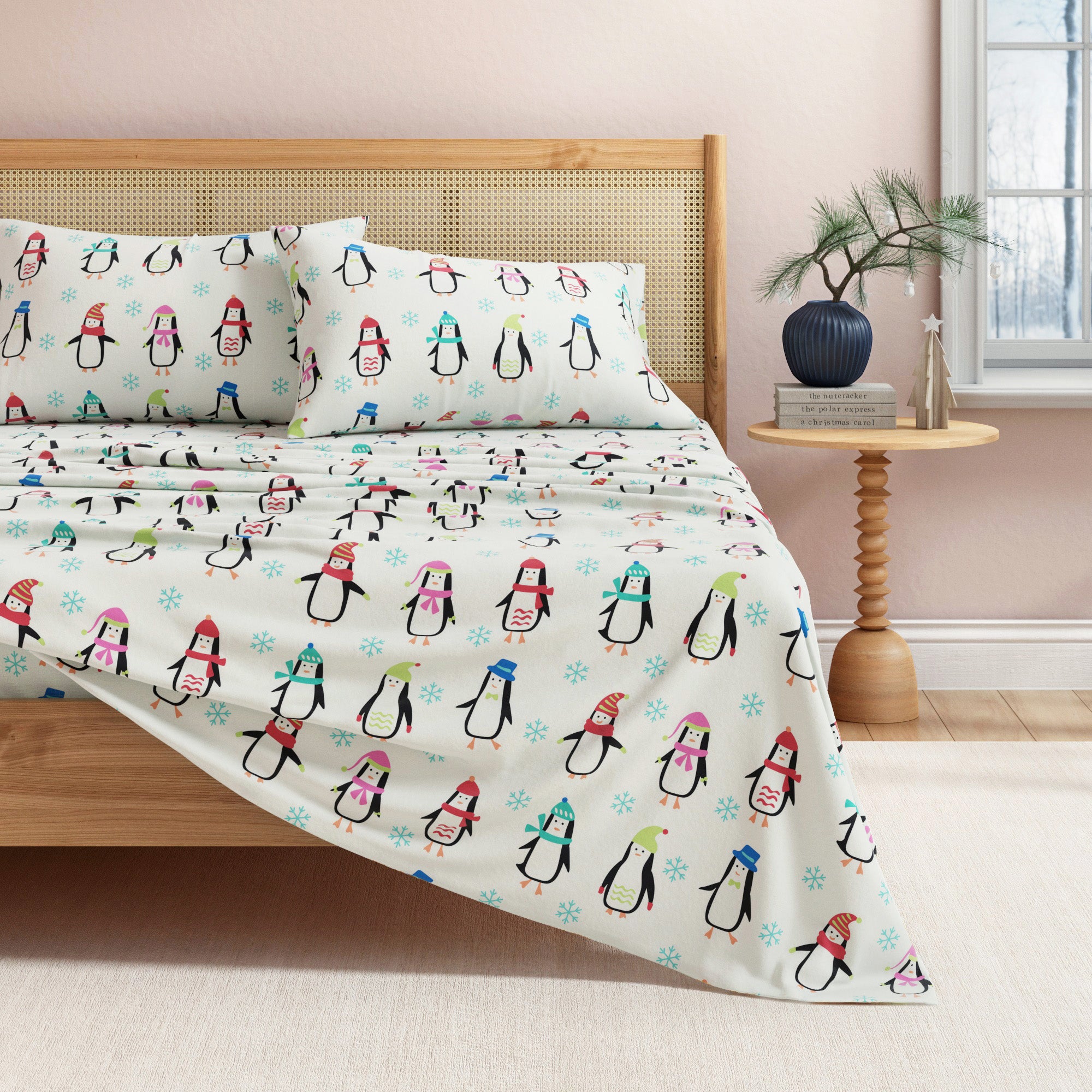 Bed with penguin-themed bedding in a bedroom setting