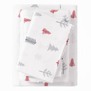 Set of white towels with red and gray tree patterns on a white background