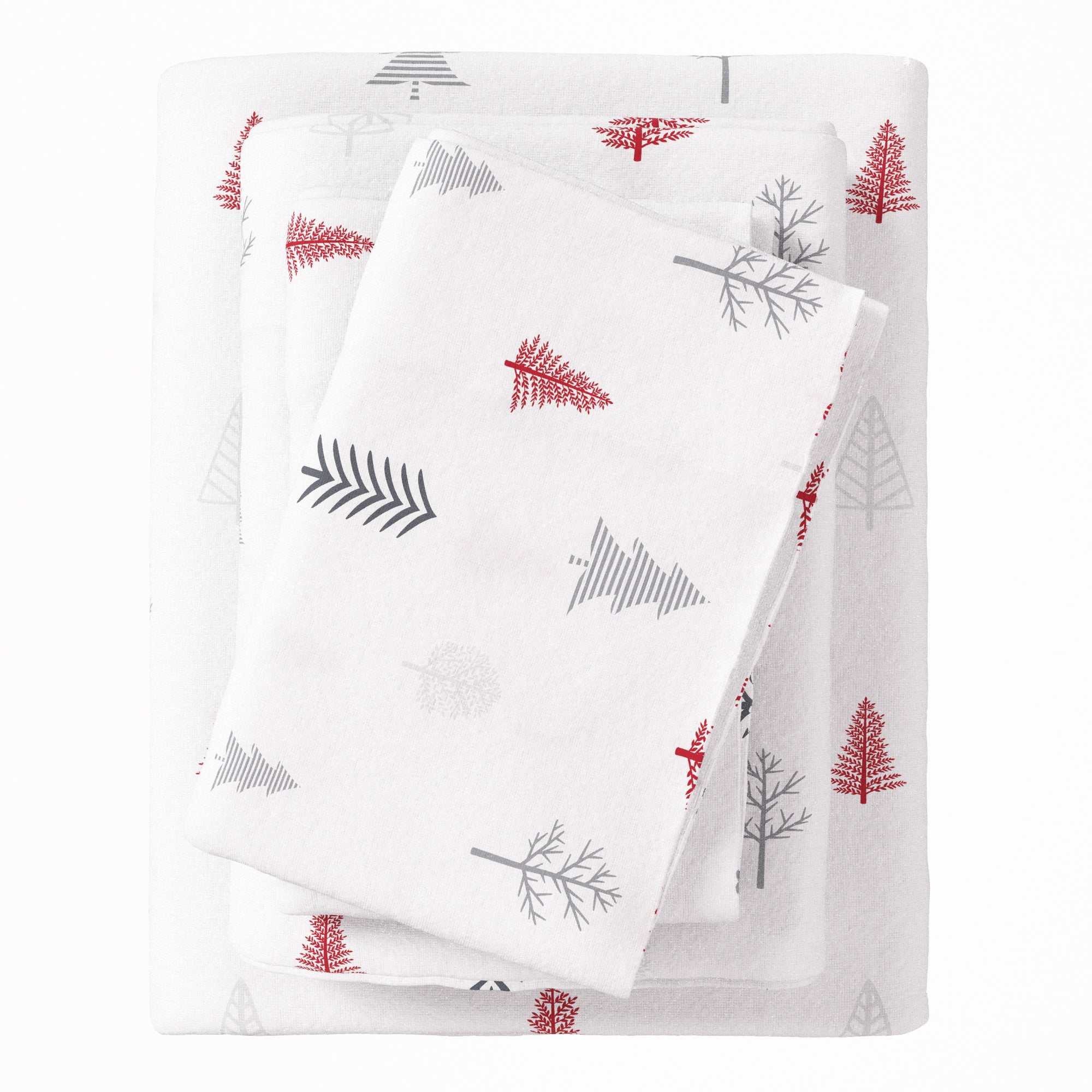 Set of white towels with red and gray tree patterns on a white background
