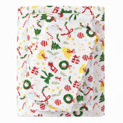 Christmas-themed fabric with colorful patterns on a white background