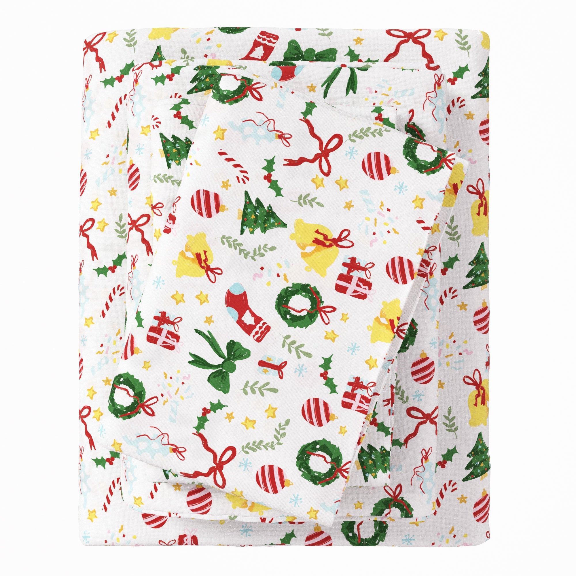 Christmas-themed fabric with colorful patterns on a white background