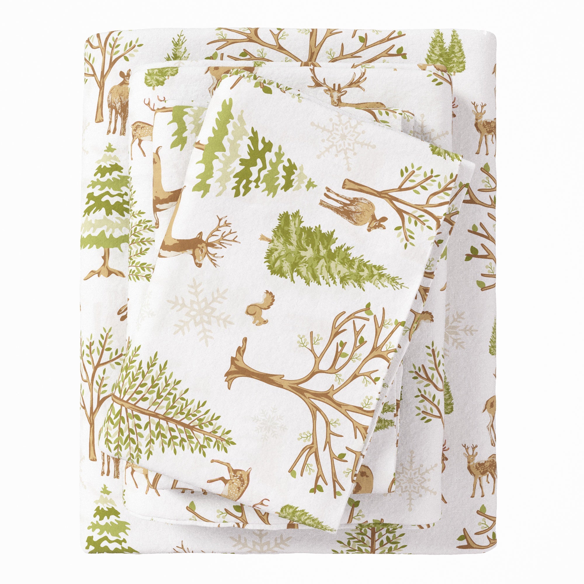Woodland-themed fabric with trees, deer, and branches on a white background