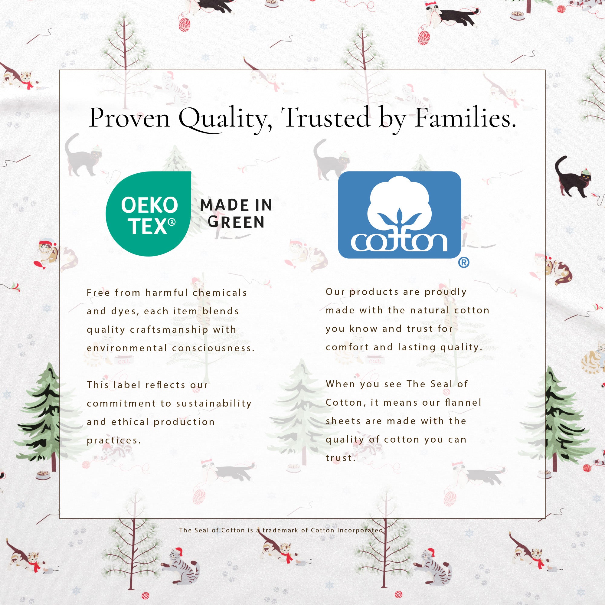 Text about Oeko-Tex and Cotton brands with Christmas-themed background