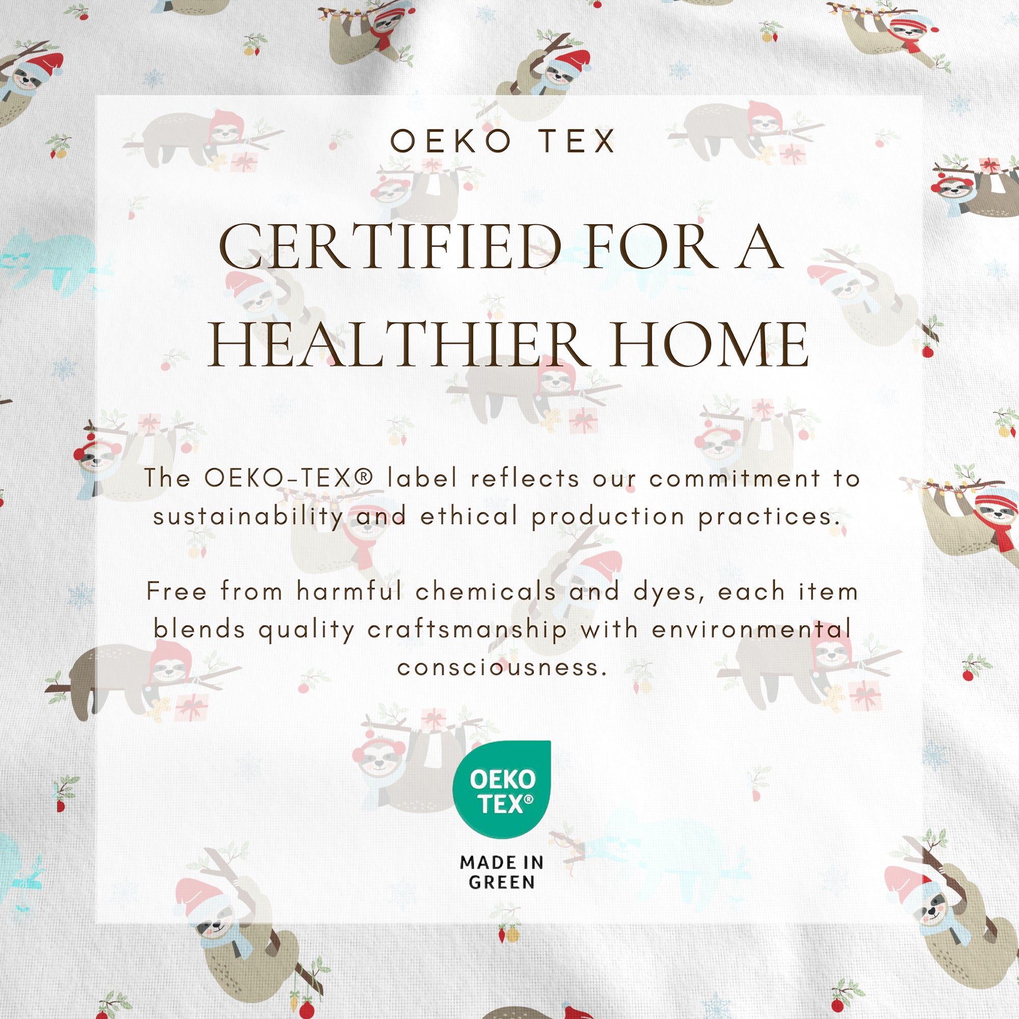 Oeko-Tex certified fabric with animal pattern and certification text.