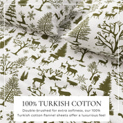 Roll of fabric with deer and tree pattern on a white background, labeled as 100% Turkish cotton.