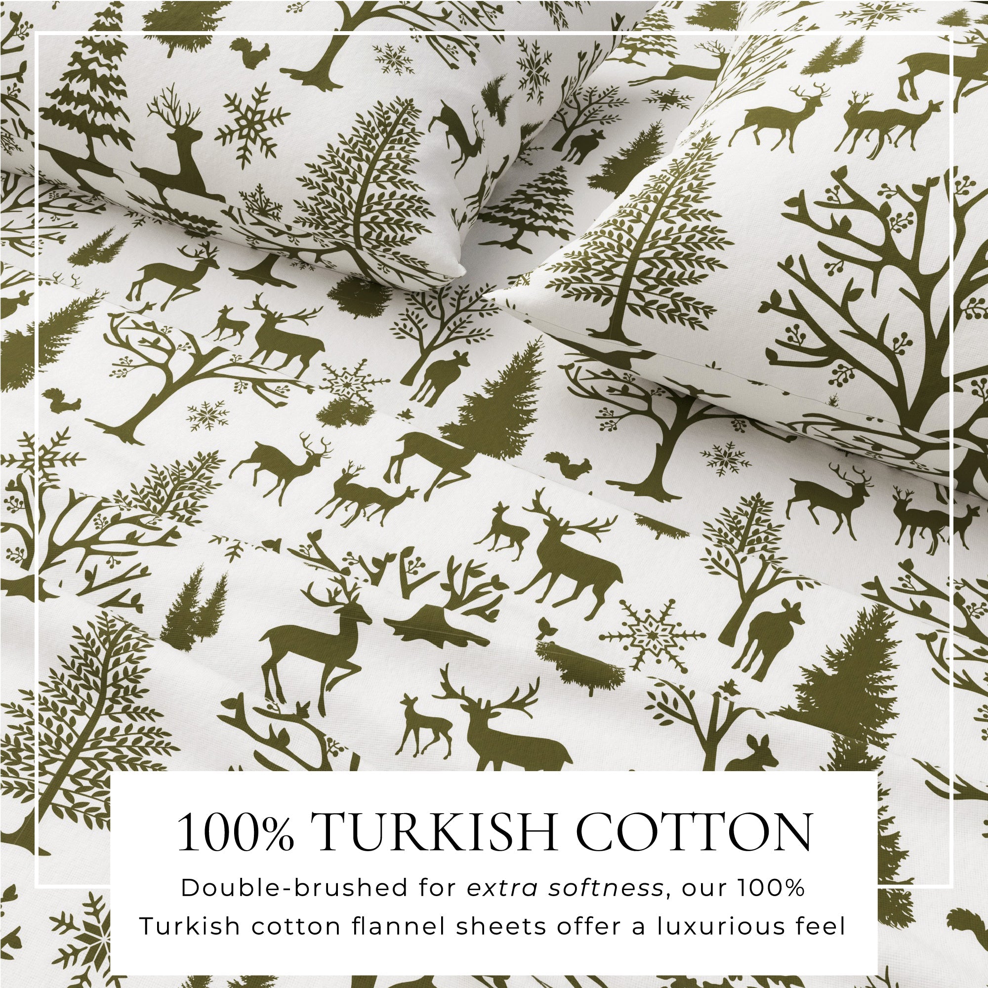 Roll of fabric with deer and tree pattern on a white background, labeled as 100% Turkish cotton.