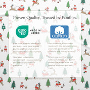 Product packaging with Christmas-themed design and Oeko-Tex and Cotton logos.