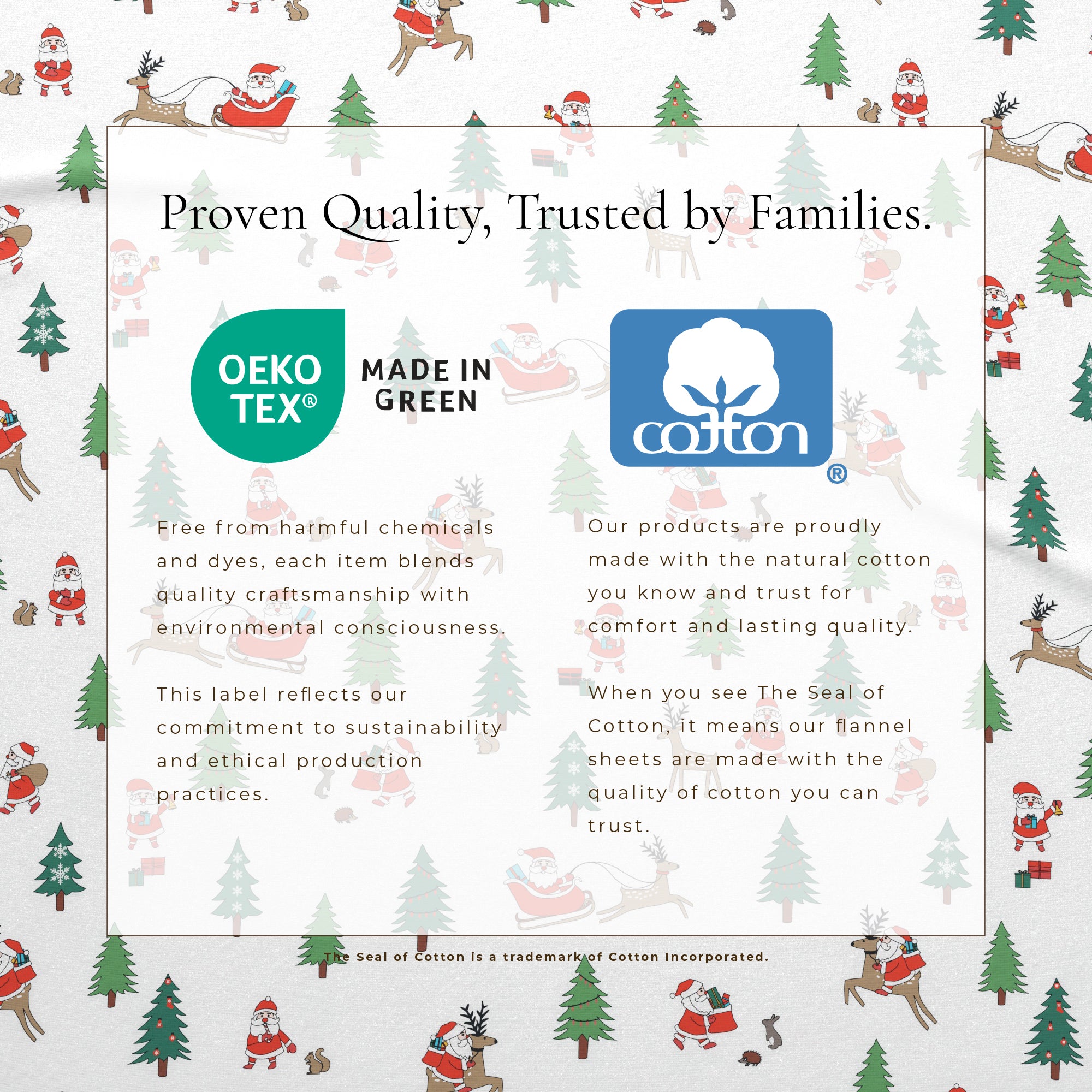 Product packaging with Christmas-themed design and Oeko-Tex and Cotton logos.