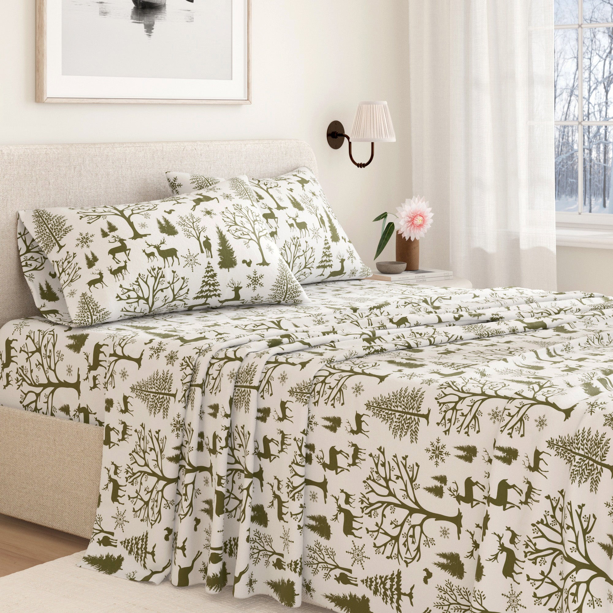 Bed with green and white patterned bedding in a bedroom setting.