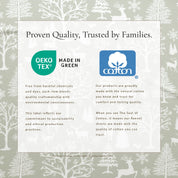 Oeko-Tex and Cotton logos with text on a patterned background