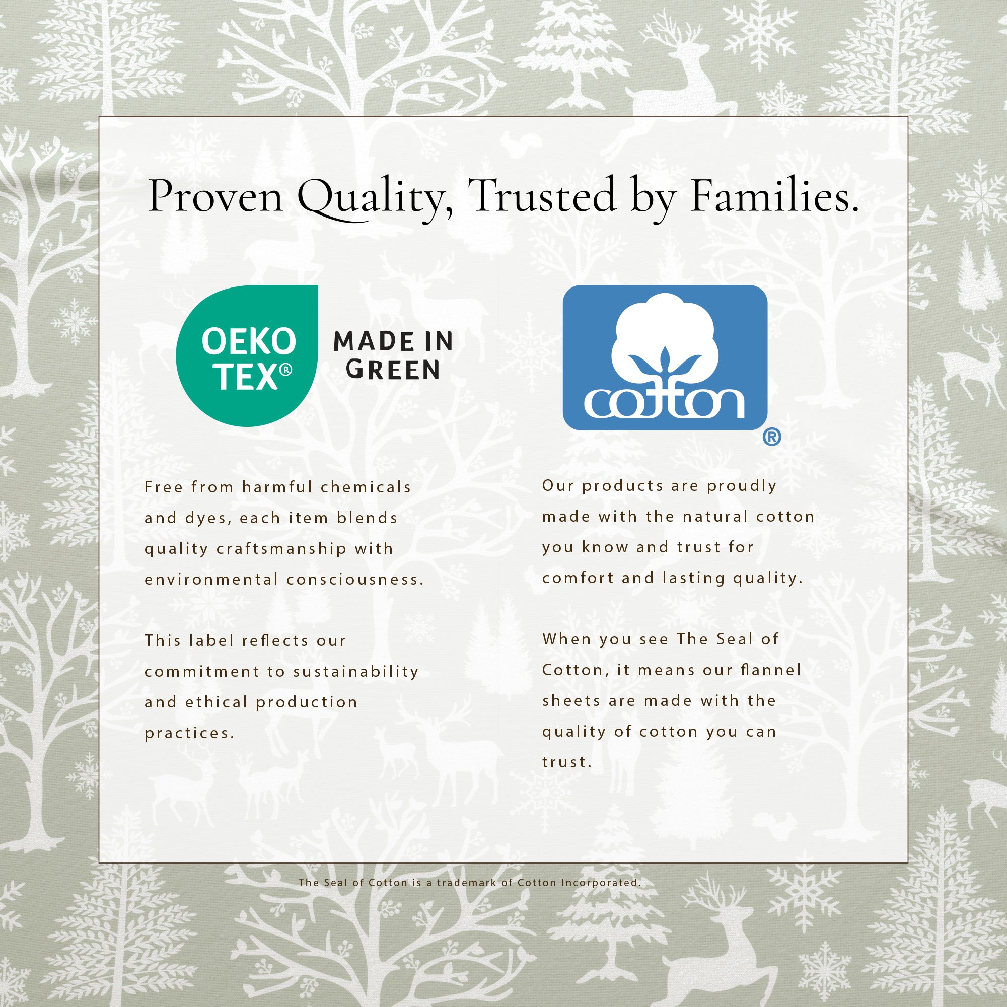 Oeko-Tex and Cotton logos with text on a patterned background
