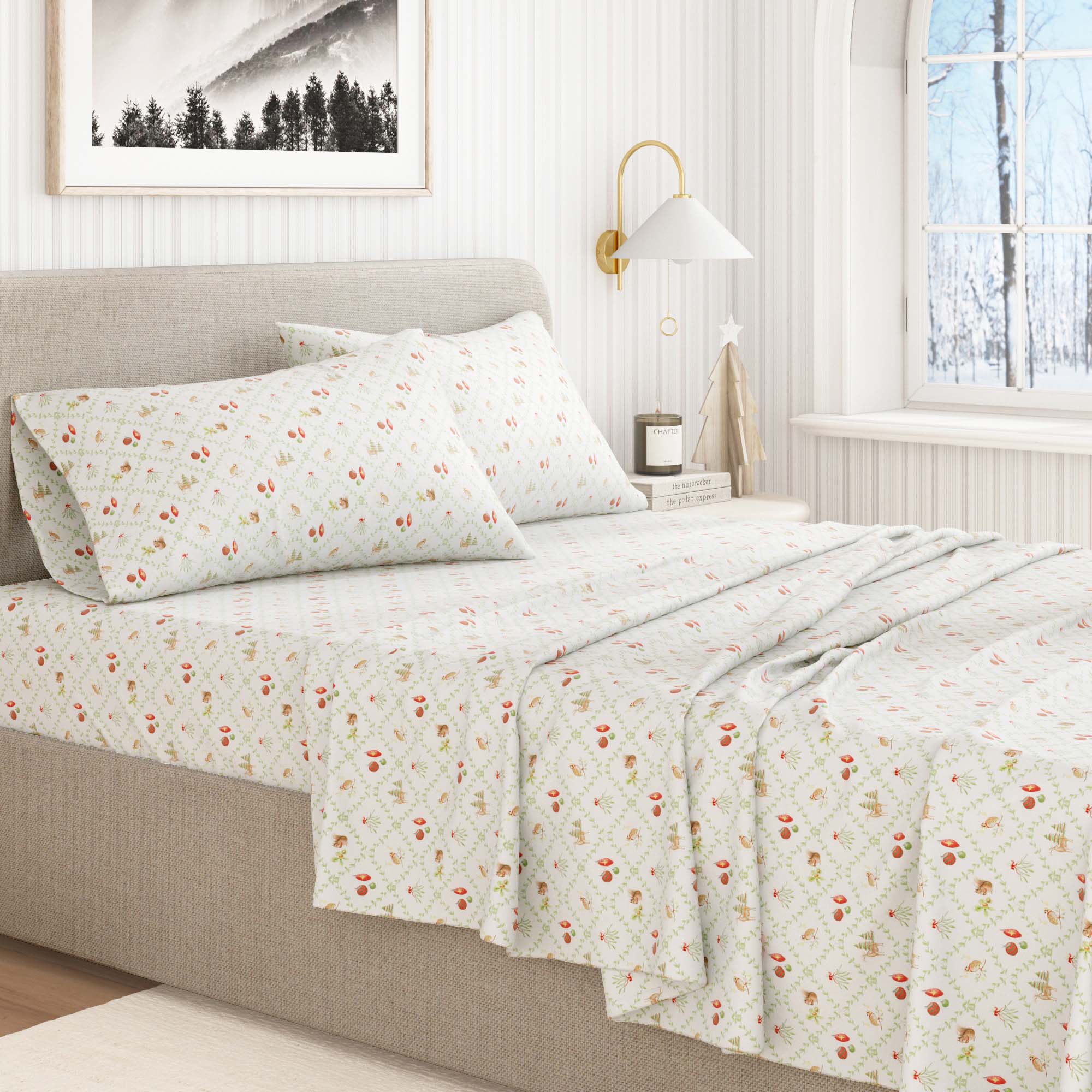 Floral patterned bedspread on a bed in a well-lit bedroom