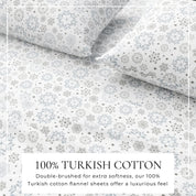 Floral patterned fabric with text about 100% Turkish cotton