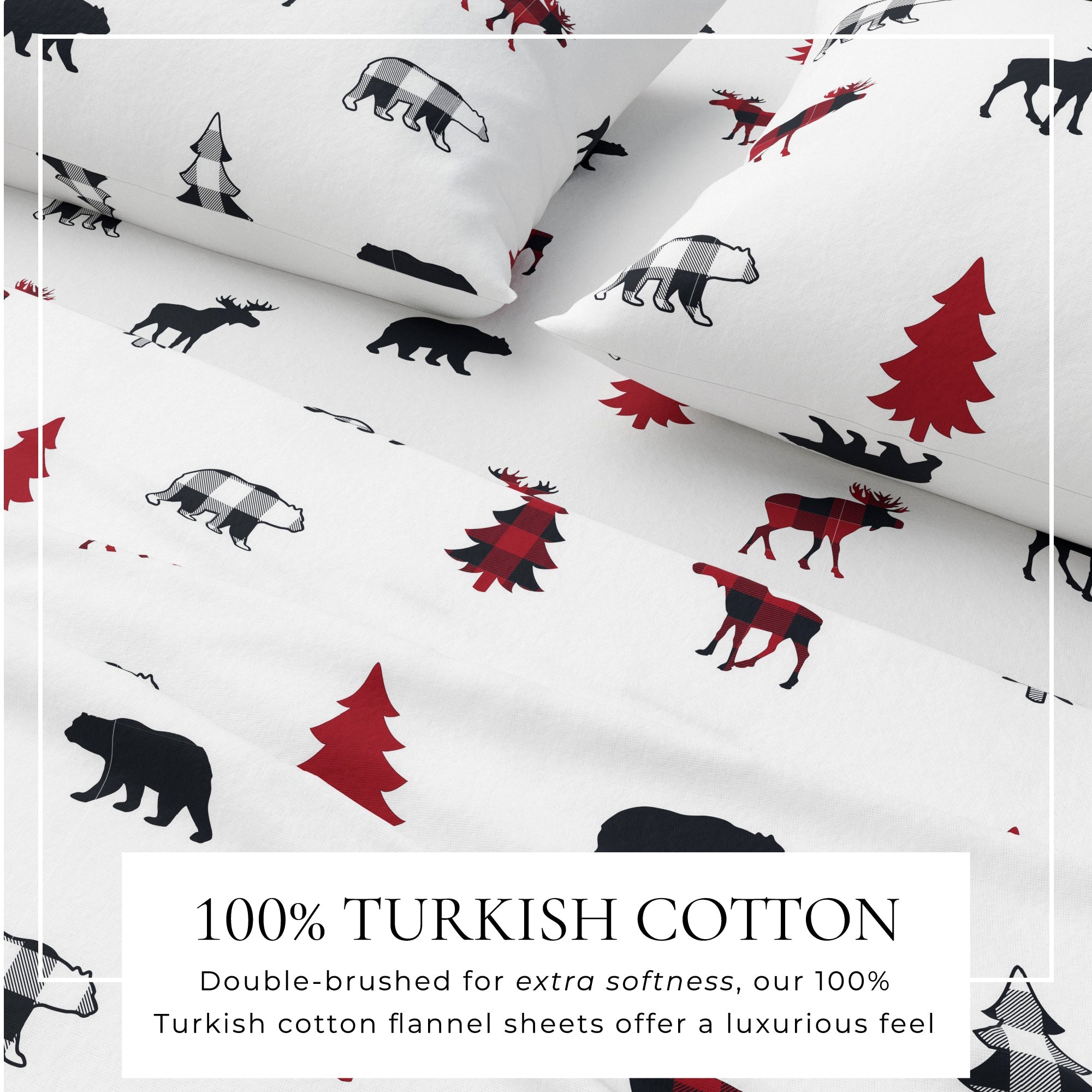 Flannel fabric with animal patterns on a white background, labeled as 100% Turkish cotton.